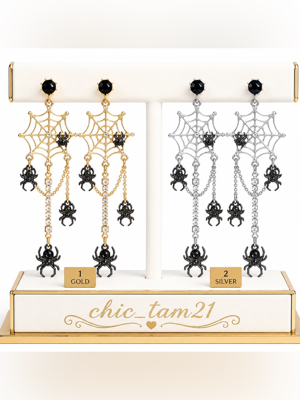 Gold Spiderweb Dangle Earrings with Black Accents